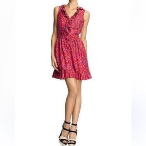 Rachel Zoe 100% Silk Red Floral Mini Dress with Ruffles